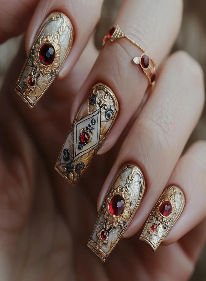 CJDLTS Press on Nails Medium Ballet Shaped Red Rhinestones Golden Totem Pattern Design Acrylic False Nail Full Cover Glossy Artificial Fingernails 24Pcs Reusable Glue on Nails for Women - Image 1